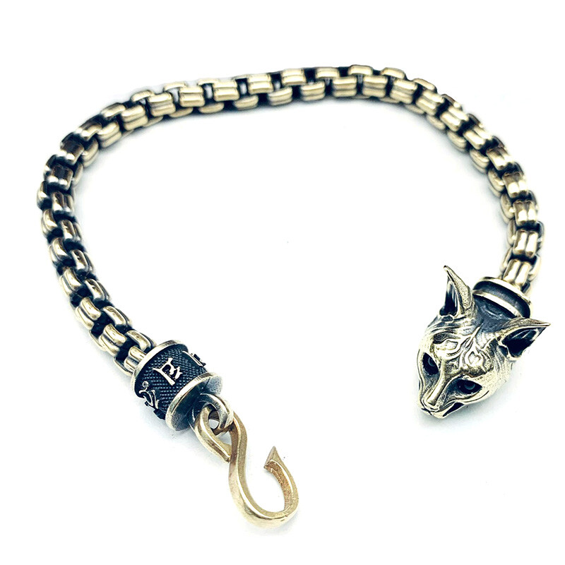 Bastet w/ Garnet Eyes Brass Ancient Egyptian Cat Deity Golden Chain Bracelet