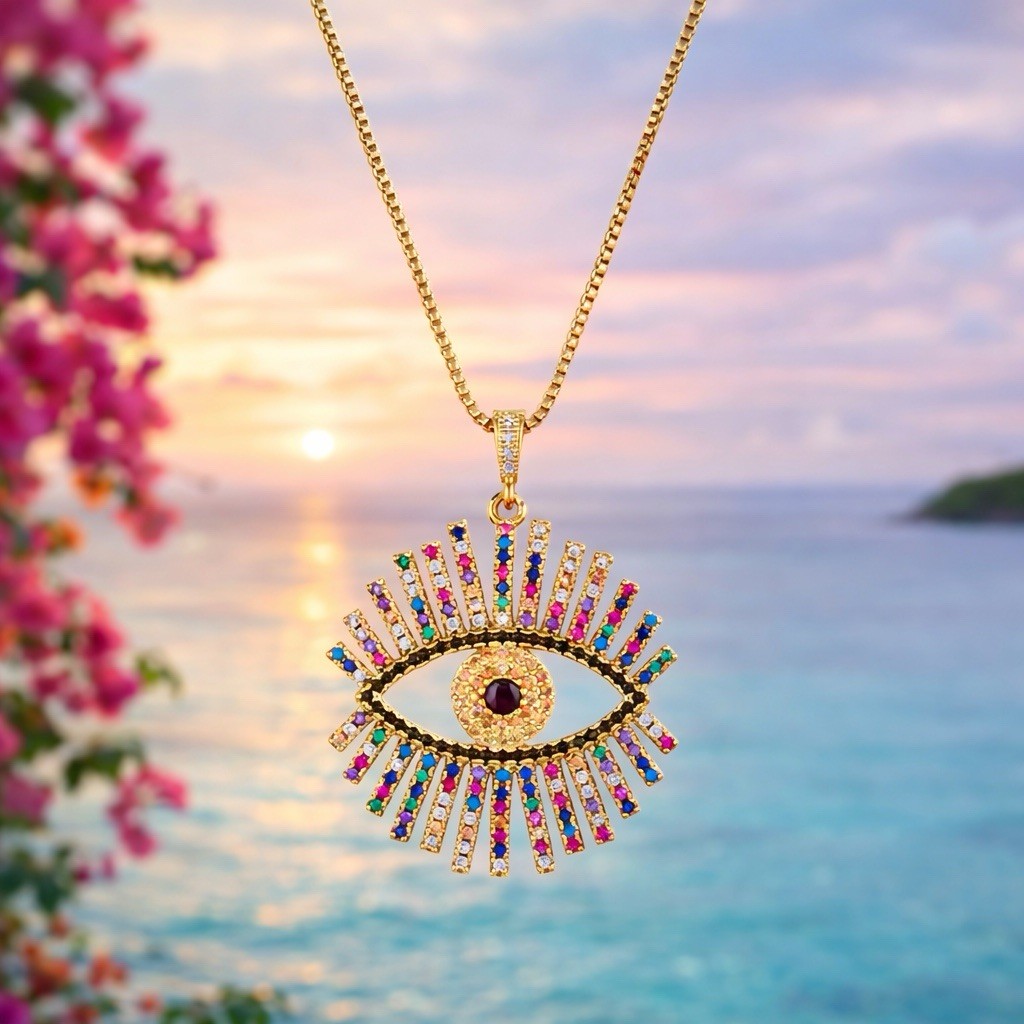 Gold Tone Multicolor Rhinestone Evil Eye Pendant Necklace