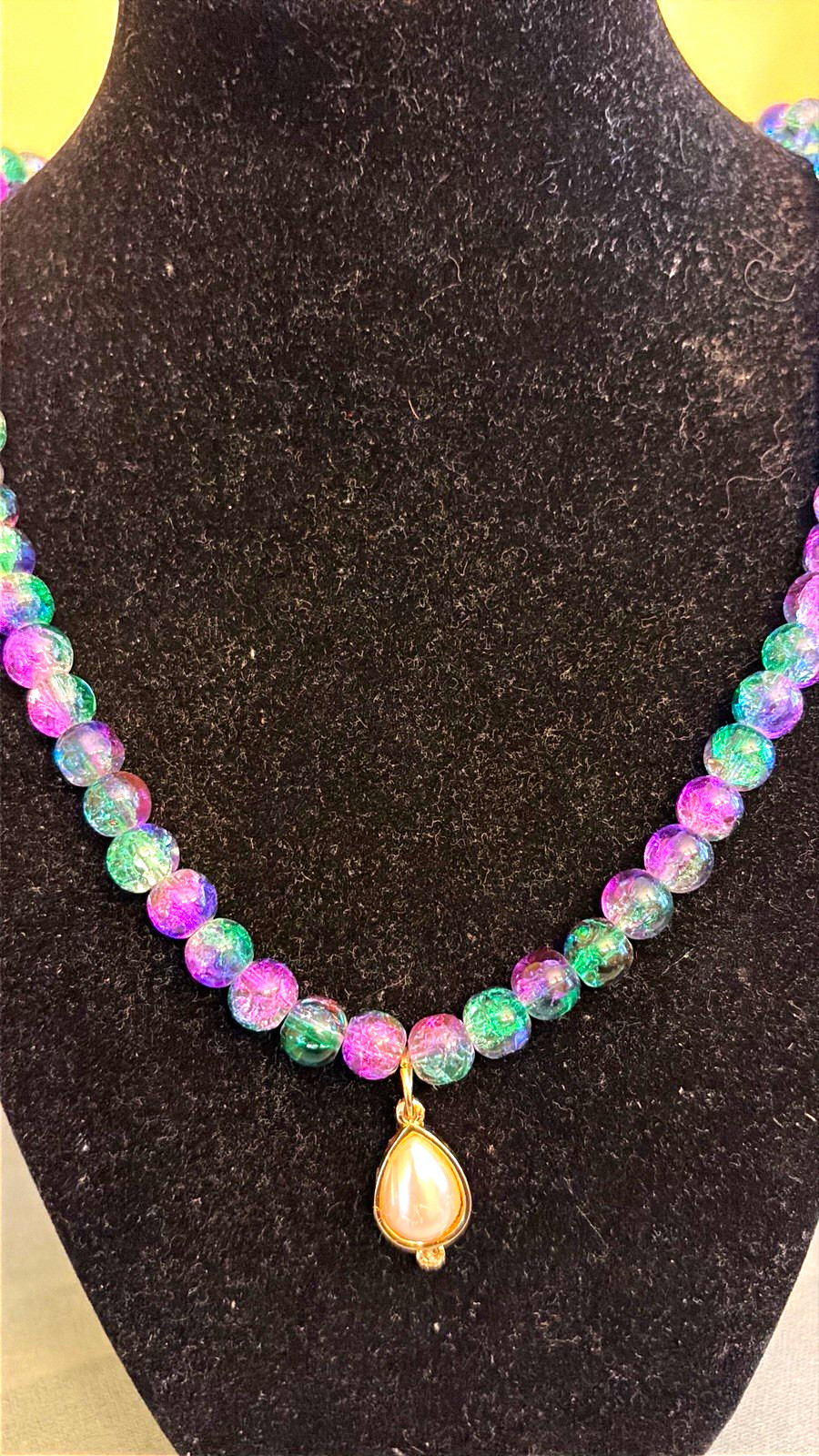 Multicolor Glass Beaded Necklace w/ Pearl Teardrop Charm – Adjustable Lobster Cl