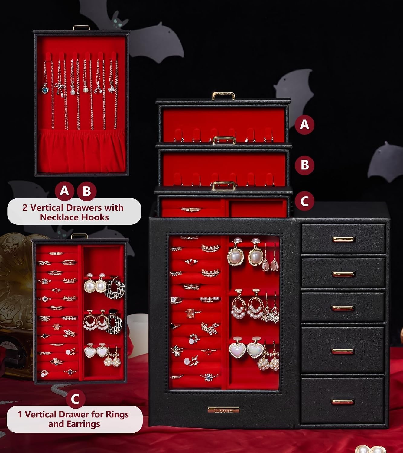 Elegant Large Jewelry Organizer with Glass Window & Velvet Lining – Ideal Gift