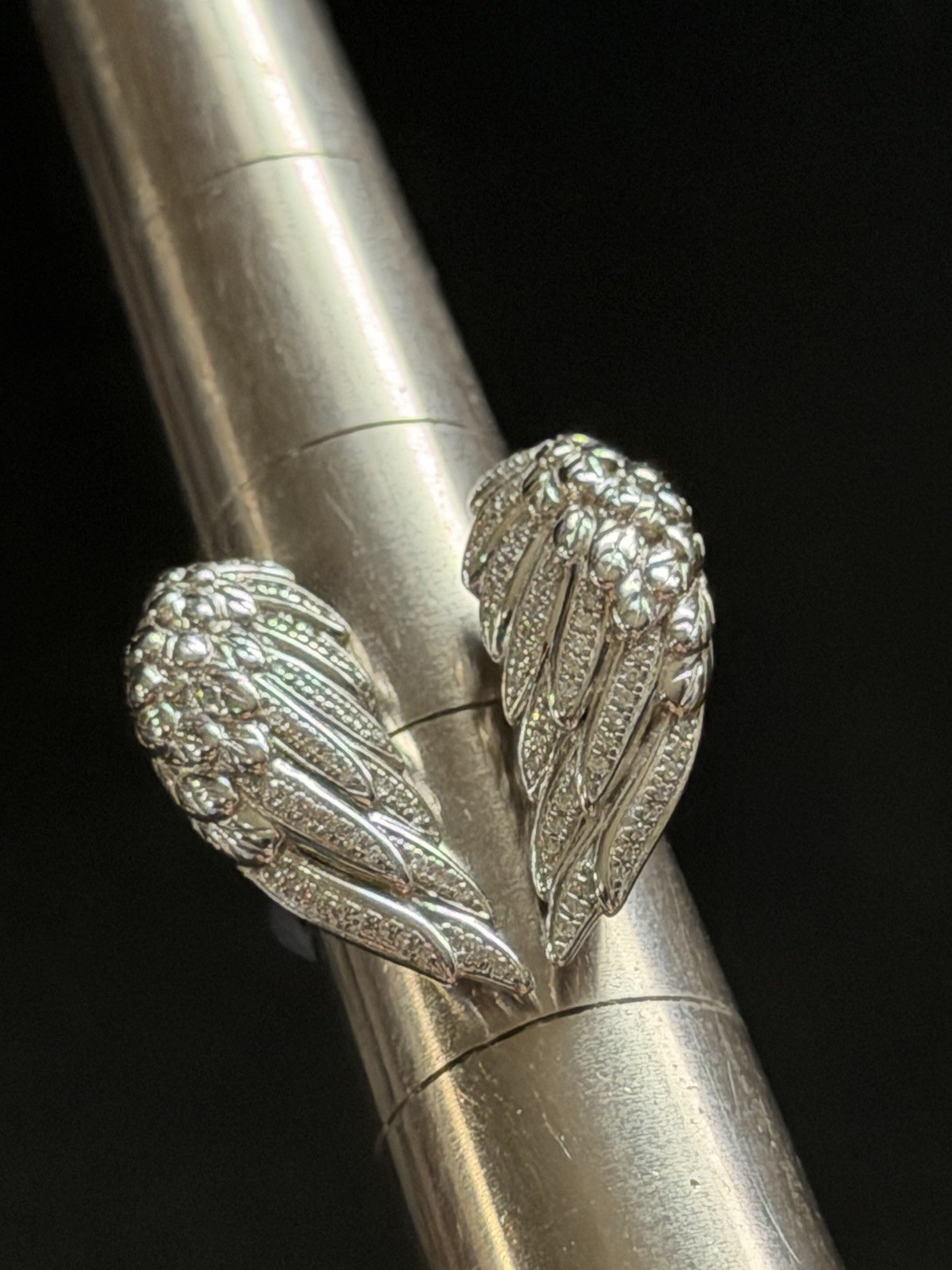 Sterling Silver 925 Angel Wings Studded With Diamonds Ring Size 5 WOW!!