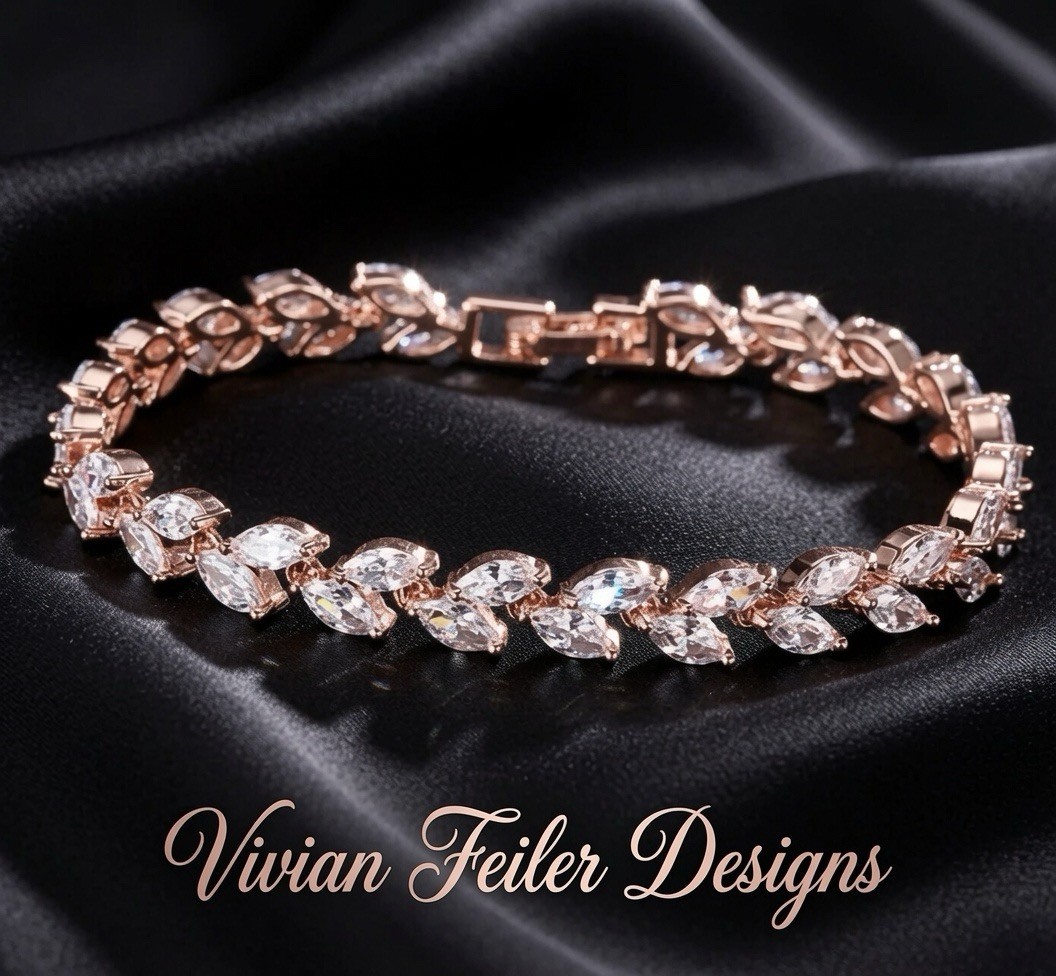 Bridal Tennis Bracelet Wedding Marquis Cut Leaf Vine CZ Silver, Gold, Rose Gold