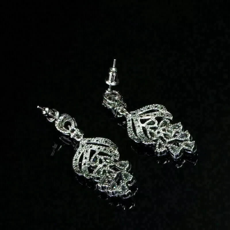 2CT Pear Simulated Sapphire Cluster Drop Dangle Earrings 14K White Gold Plated