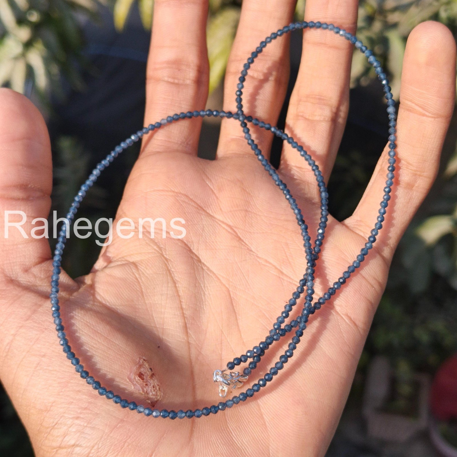 Blue Sapphire Necklace 2mm Micro Faceted Beads, Dainty Real Gemstone Choker, Min