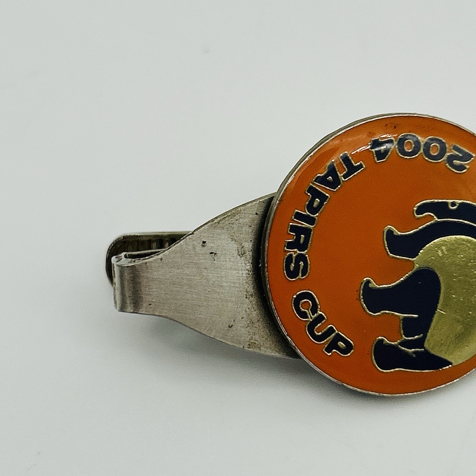 VINTAGE 2004 Tapirs Cup Tie Bar Pin Japan Silver Toned Orange Antique Logo Mens