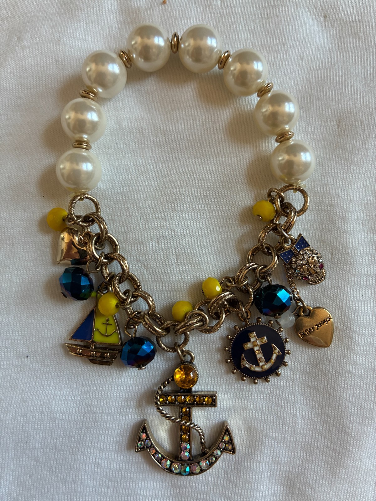 Betsey Johnson Necklace Bracelet Nautical Statement Anchor Charms Pearl BJ141