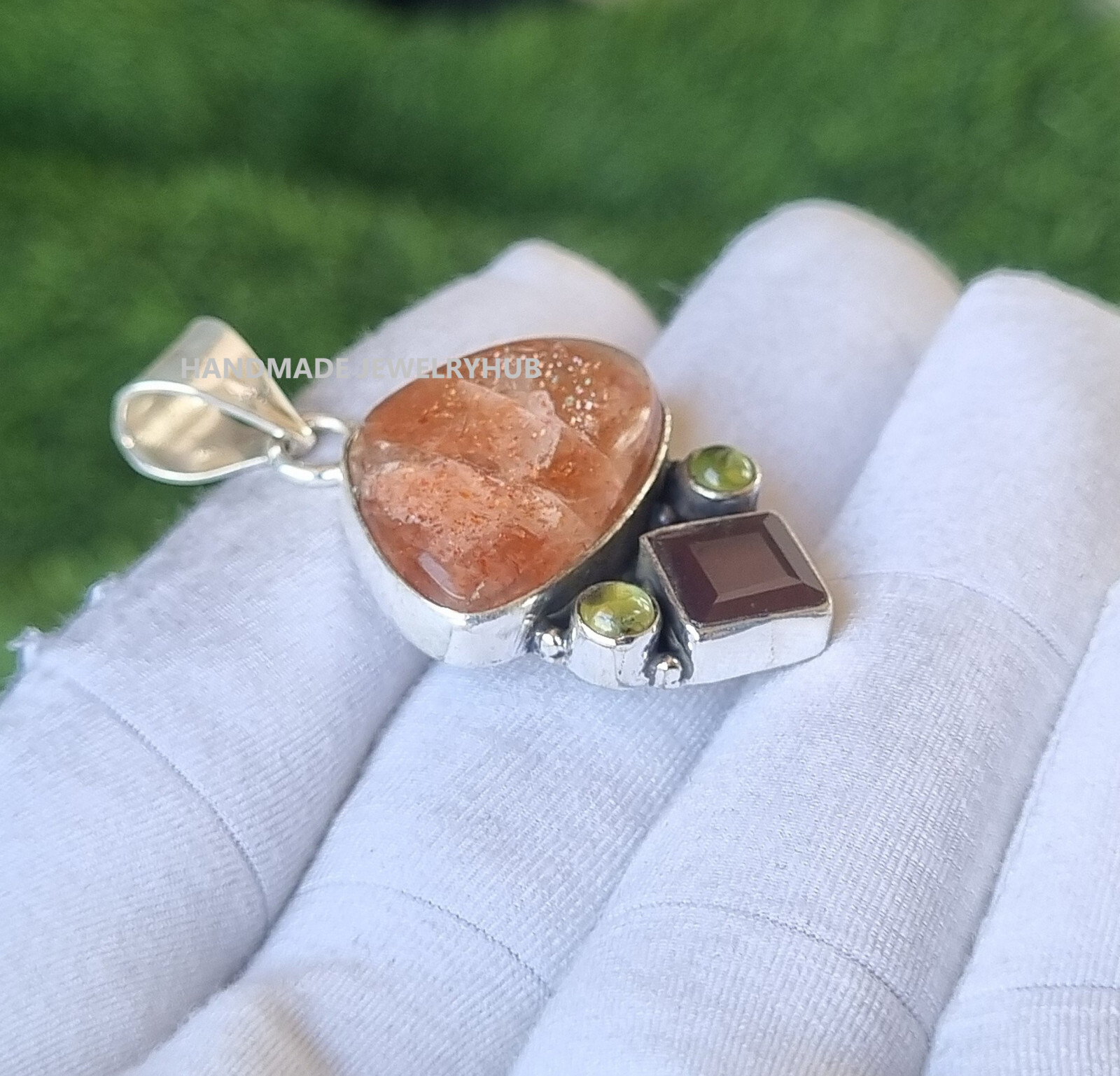 Sunstone & Garnet Gemstone 925 Sterling Silver Handmade Pendant For Her PG2886