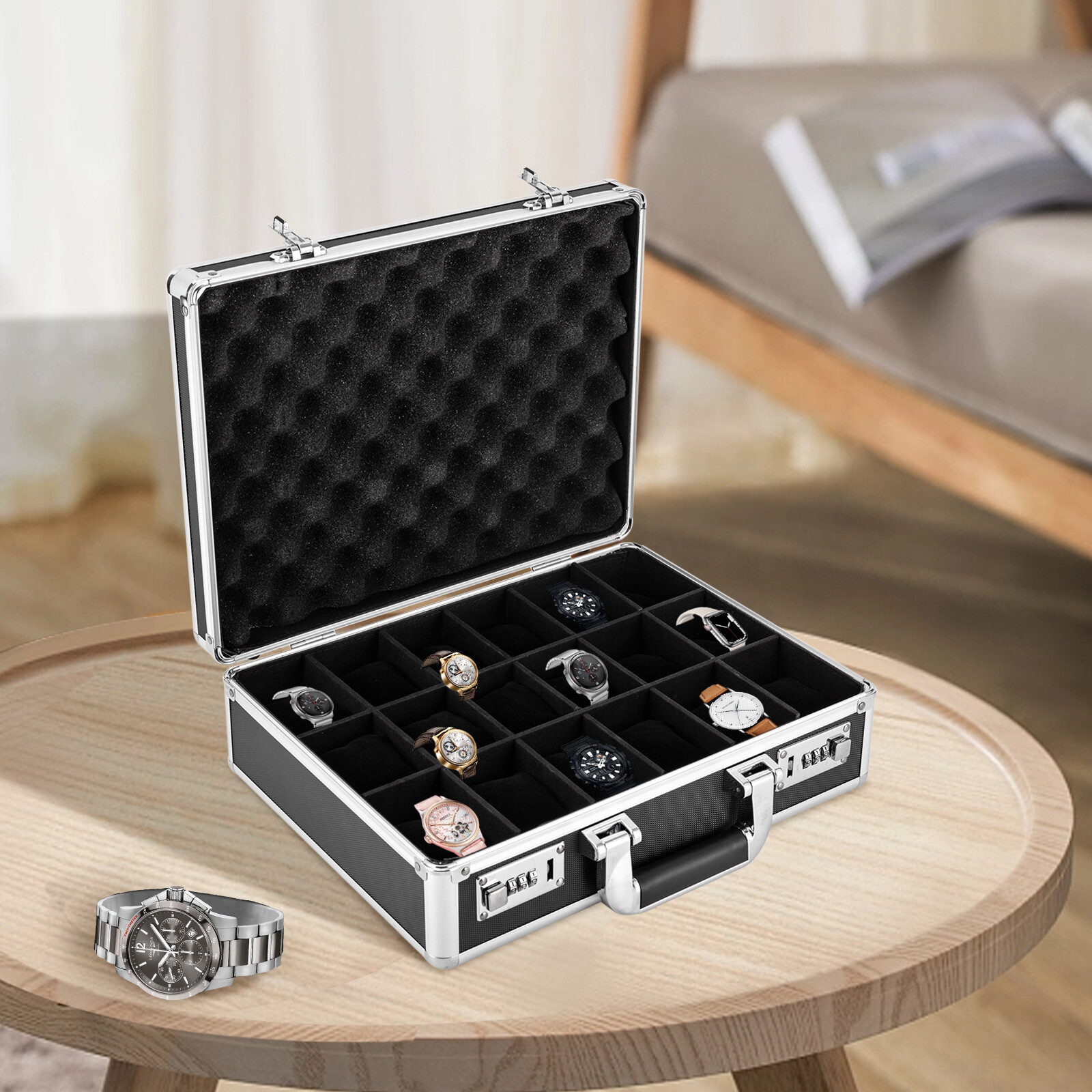 18 Slots Locking Display Storage Watch Box Briefcase Watches Collectors Black