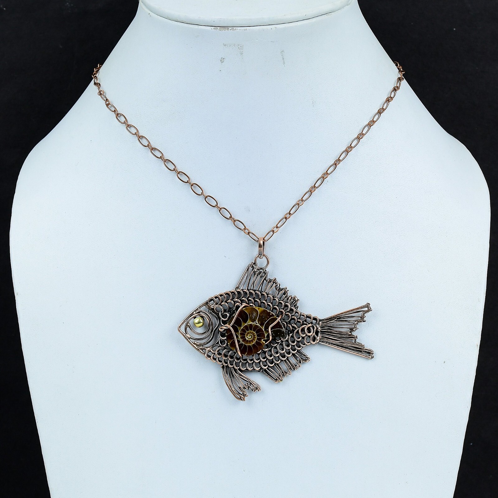 Gift For Her Ammonite Fossil Wire Wrapped Fish Pendant Copper Jewelry 2.56″