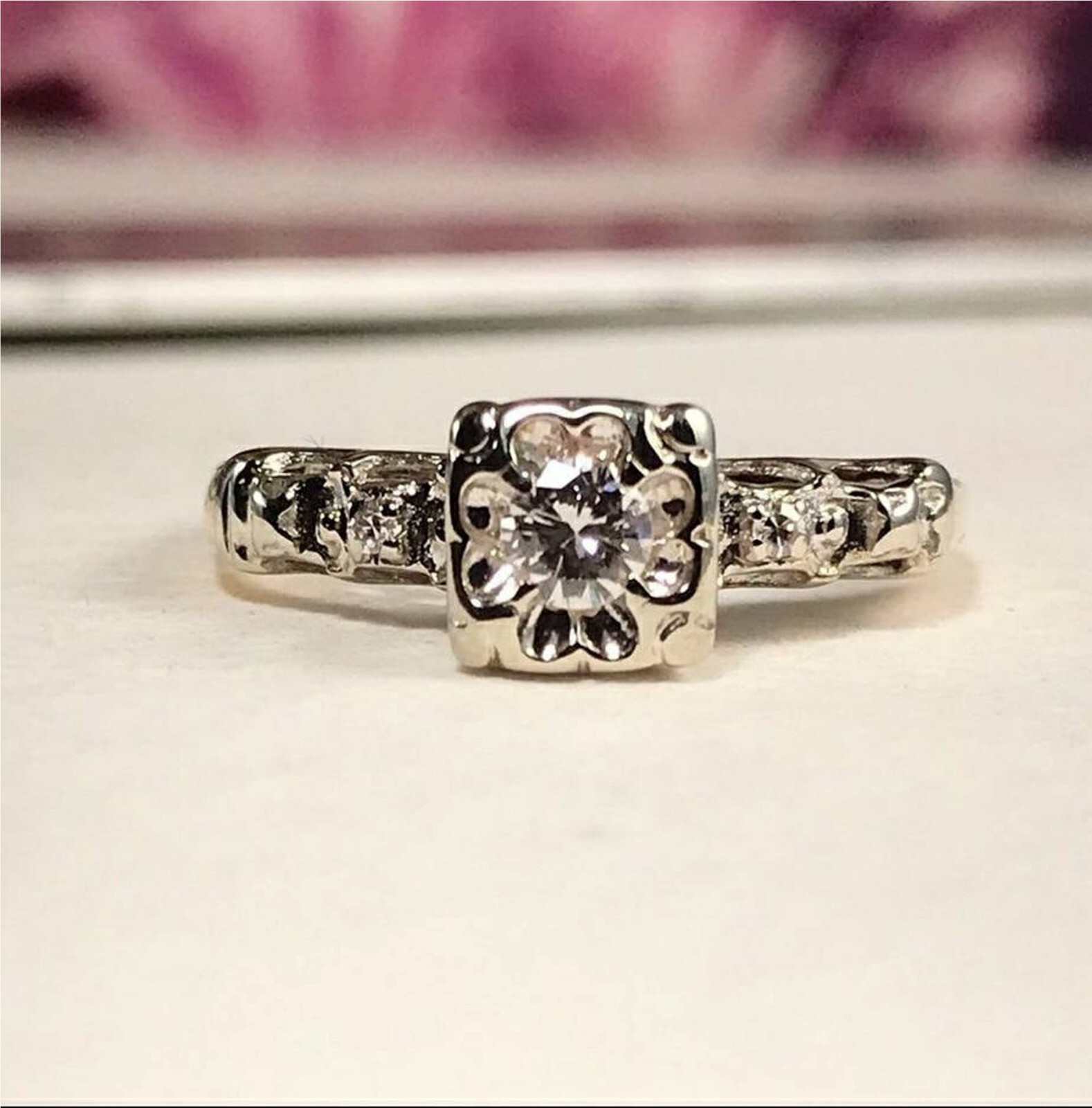0.27Ct White Round Moissanite Vintage Style Promise Ring In Solid 14K White Gold