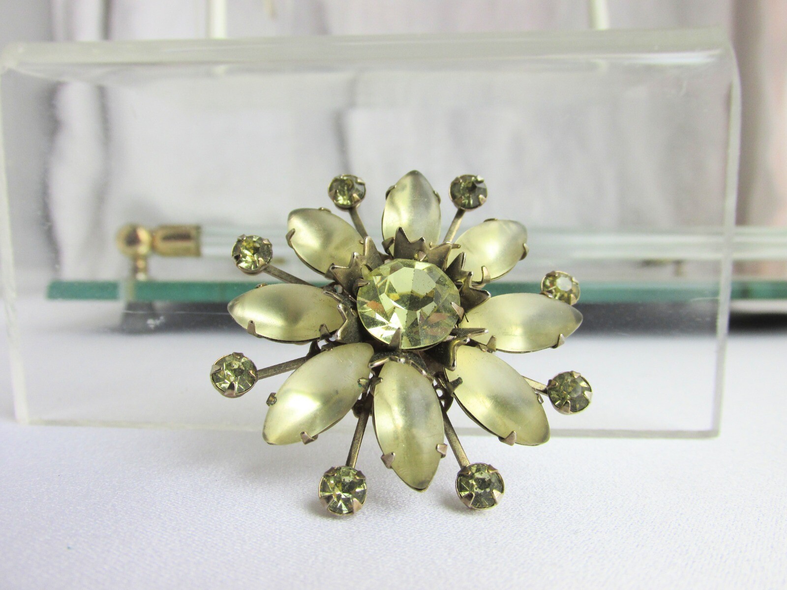 Vintage Satin Finish Soft Yellow Marquise Rhinestones Pin Brooch Handset Stones