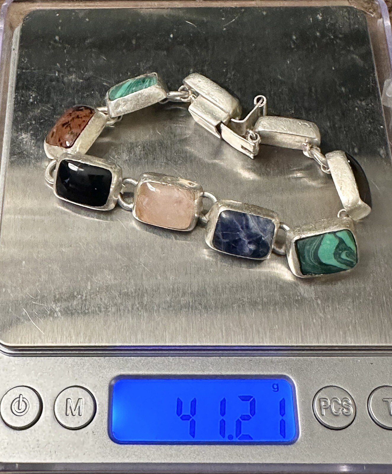 Vintage Mexico Rose Quartz Onyx Malachite Lapis + 925 Silver Bracelet 7 In