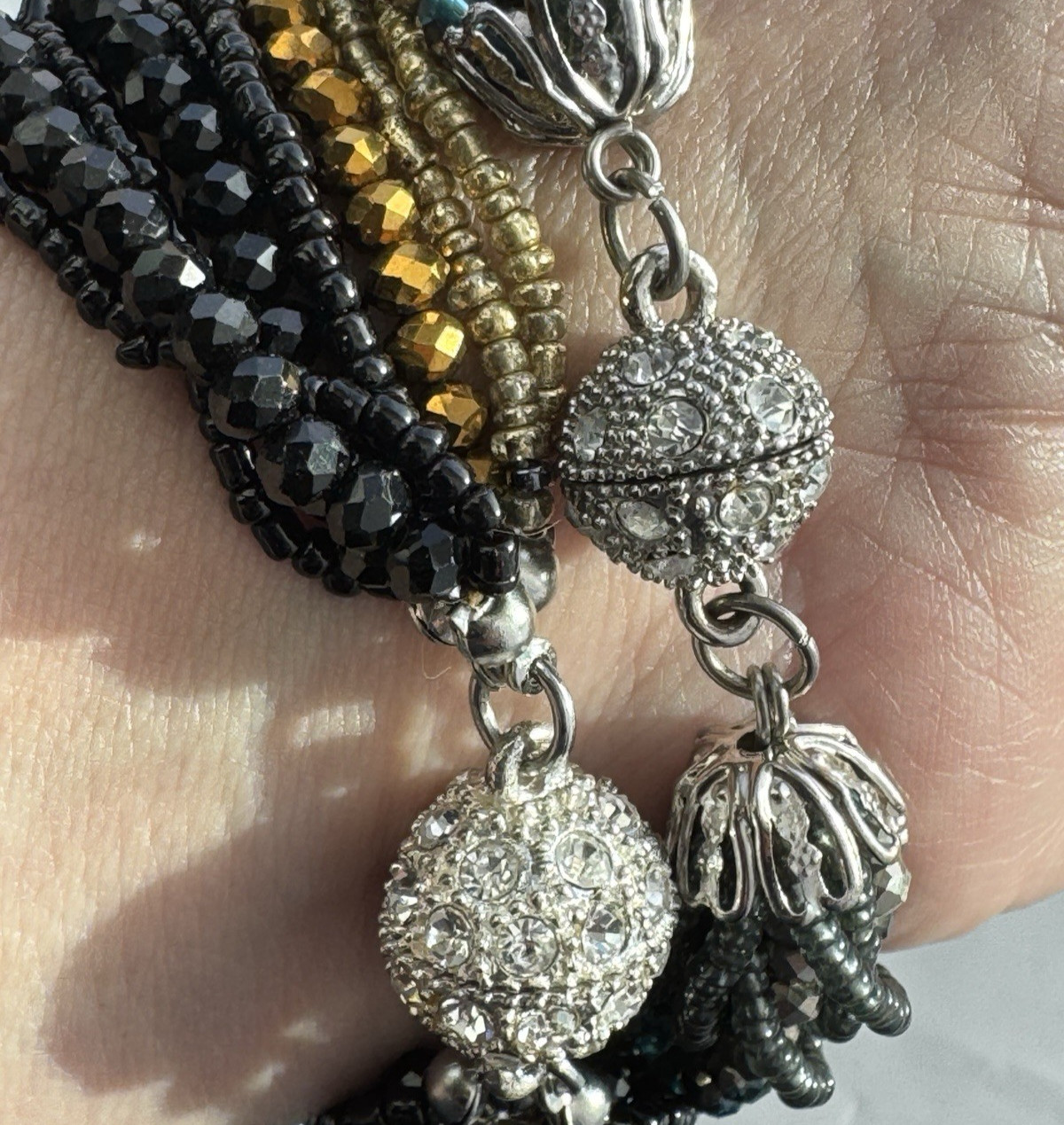 Set of 3 Beaded Bracelets Magnetic Rhinestone Clasp Multi-Strand Black Gold