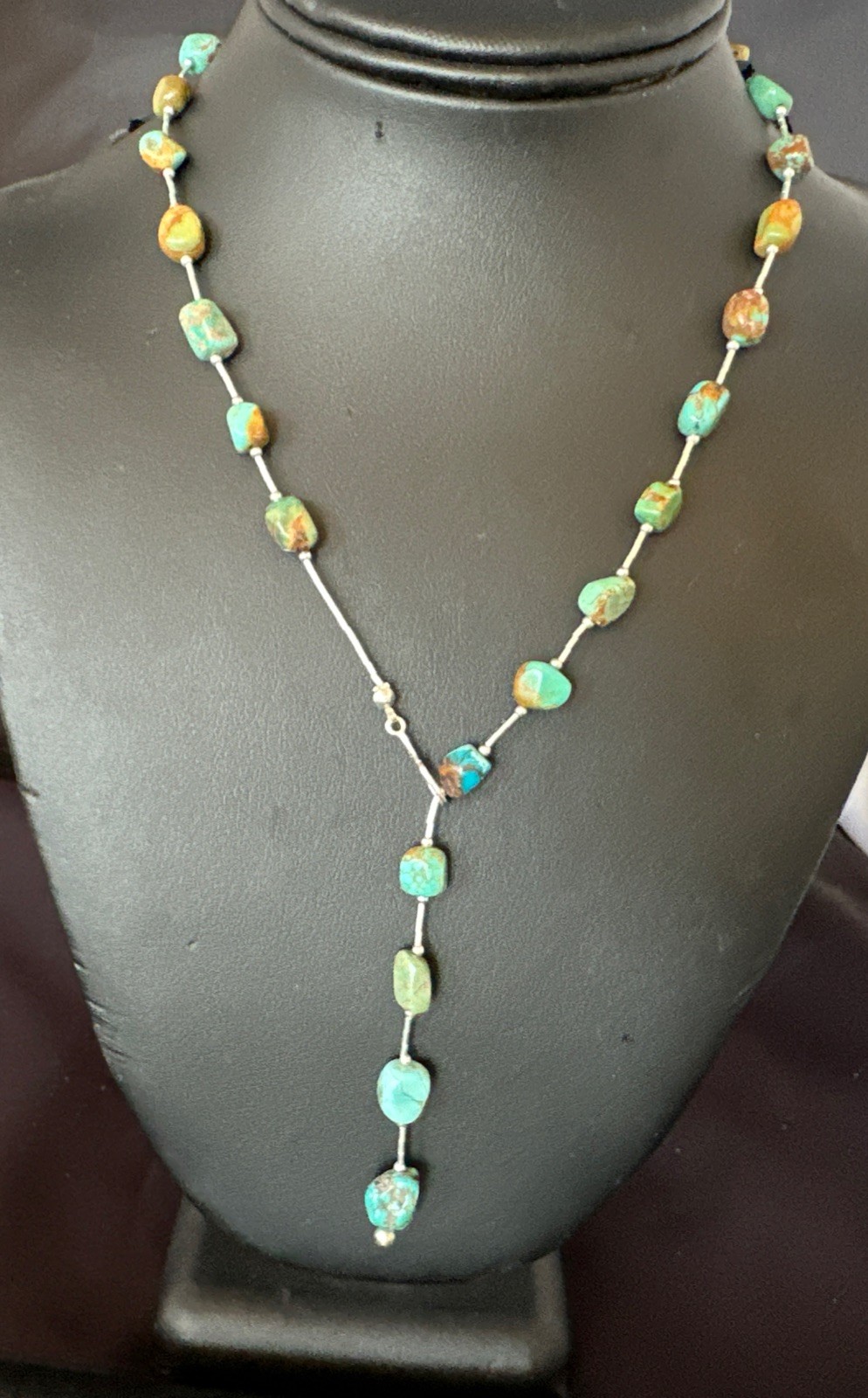 Green Turquoise Liquid Heishi Sterling Silver Nugget 20″ Necklace 19046