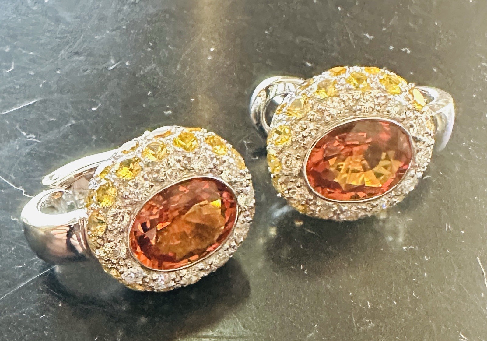 18k White Gold Spessartine Garnet Sapphire Diamond Earrings 10.52 Gms