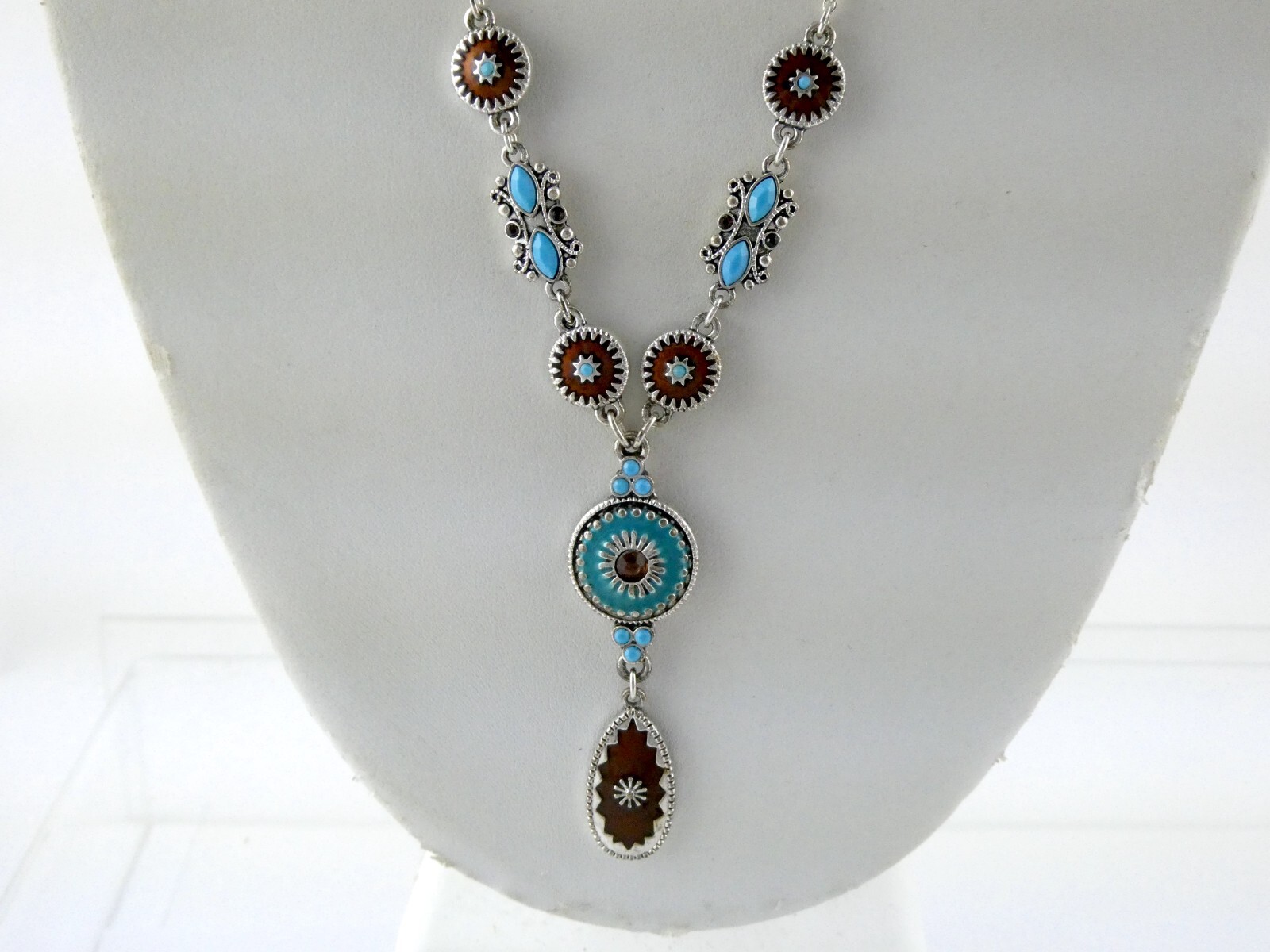 NAT Designer Southwestern Silvertone Metal and Enamel Blue and Brown Necklace