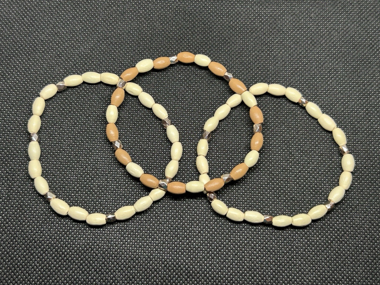 Ivory & Tan with rose gold accents Bamboo Wooden Beaded Bracelet Set Size M