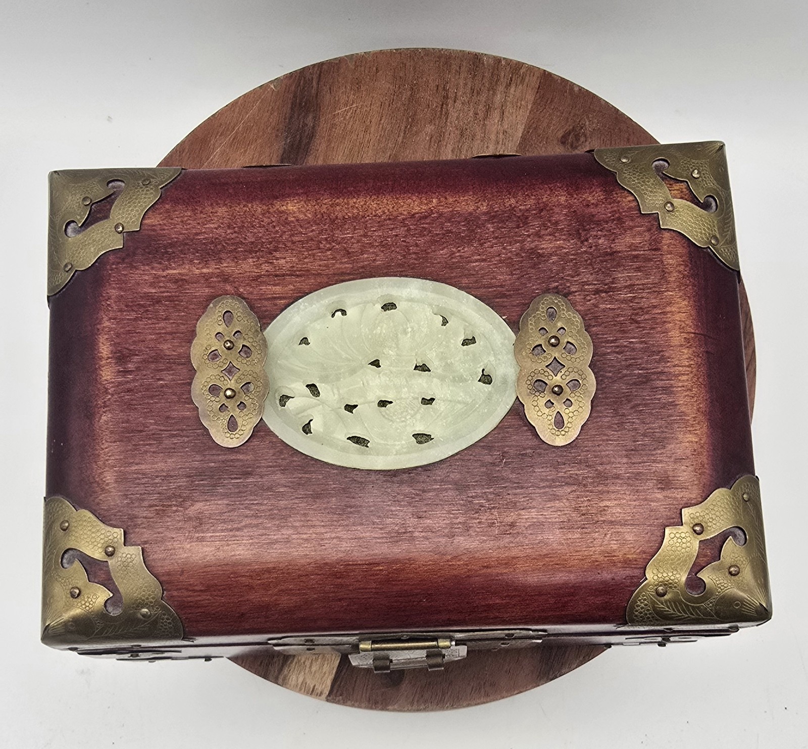 VTG Shanghai – Rosewood Brass Jewelry Box – Carved Jade Medallion Asian * READ