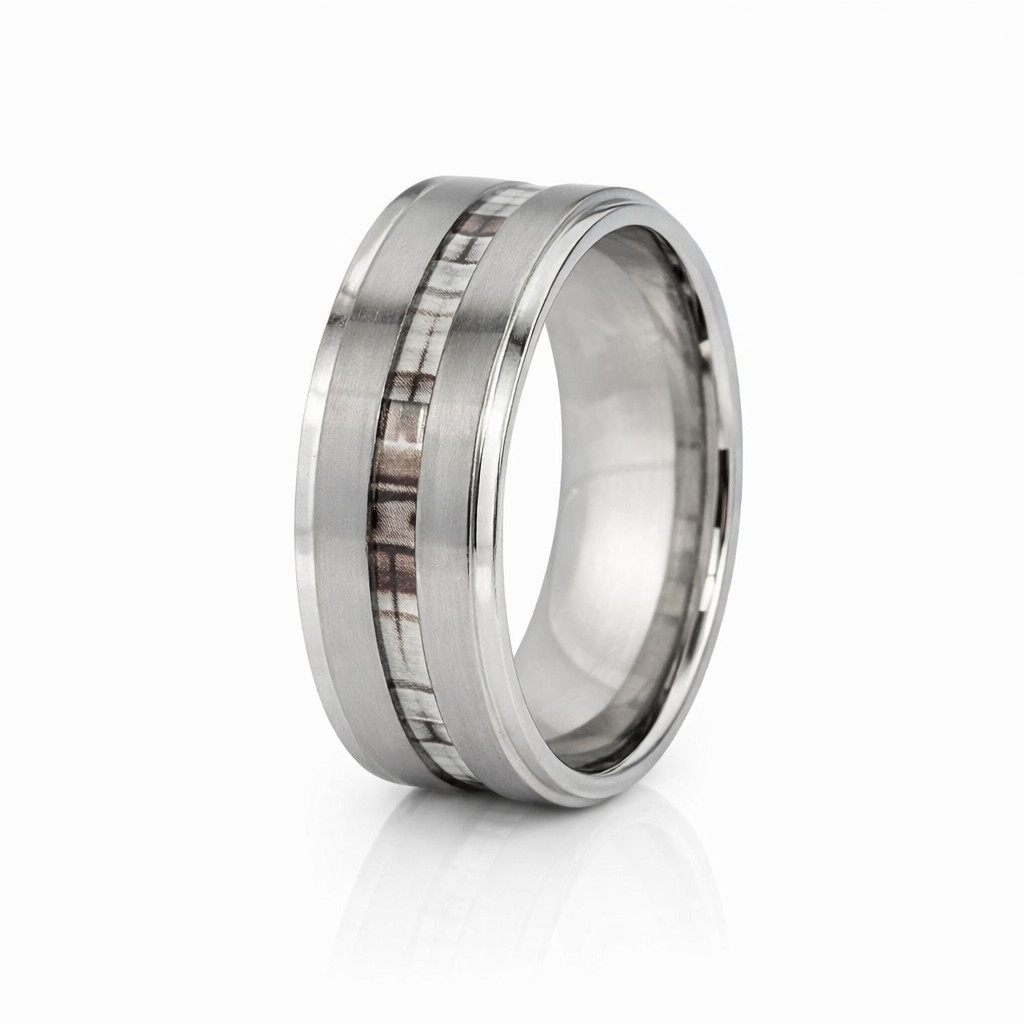 Silver Stainless Steel 8mm Wedding Band w/ Brown-White Inlay