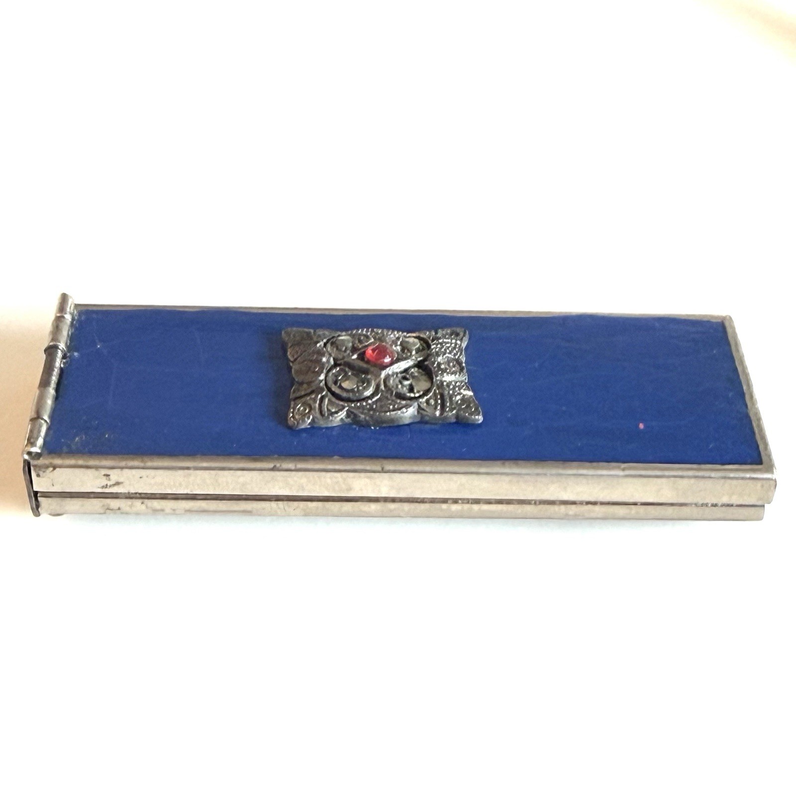 Art Deco Changette Brooch To Hold Dimes Silver Tone Blue Enamel Marcasites