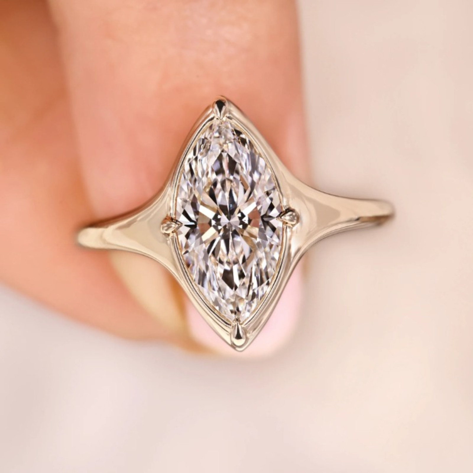 1.50 CT Marquise Cut Lab Grown Diamond Ring With Compass Prong Setting- 14k Gold