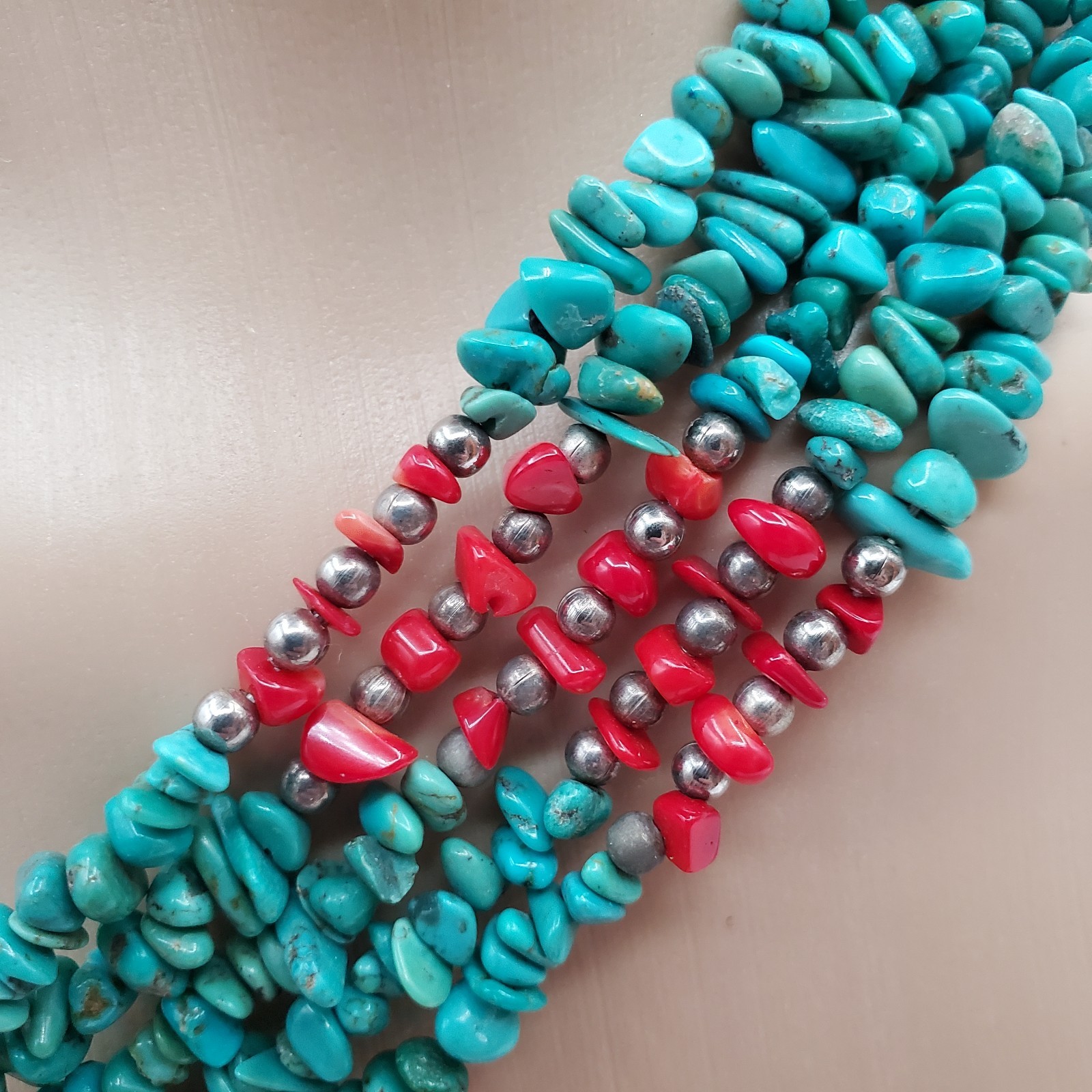 Turquoise Red Coral Necklace 28in Multi Strand Chip Bead Southwest Tribal Wrap