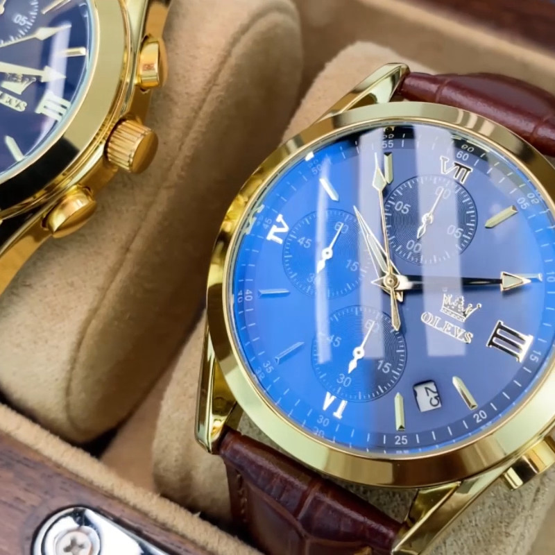 OLEVS 2872 Luminous Multifunctional Male Leather Top Quality Quartz Watches