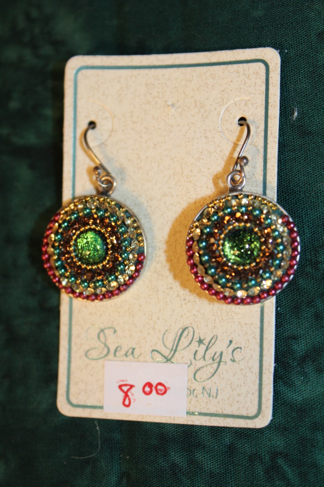 costume jewelry earrings colorful faux gems and jewels, blues,greens,reds,whites