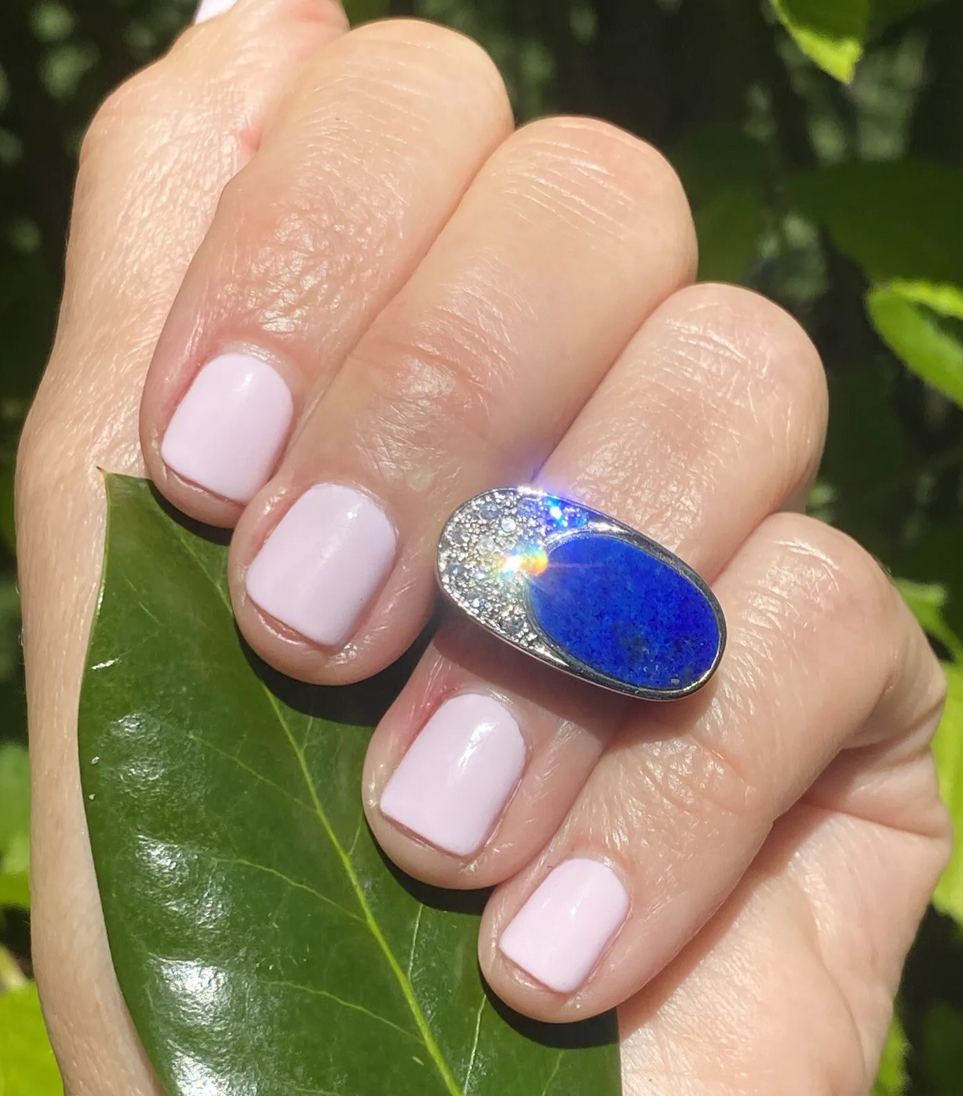 Massive 18K White Gold Lapis Lazuli Diamond Modernist Cocktail Saddle Ring 4.75