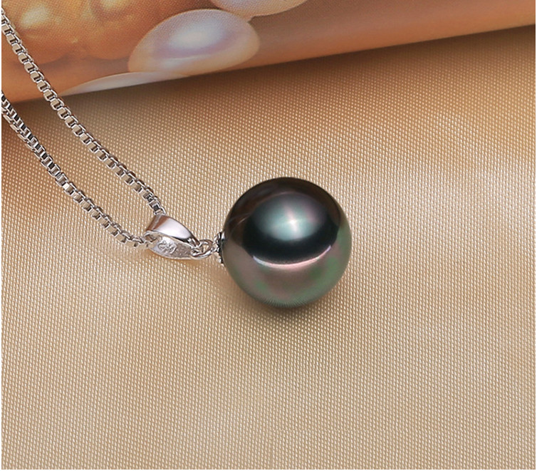 925 Silver Tahitian Black SHELL Pearl 8/10/12/14/16mm Pendant 18″ Necklace PE33