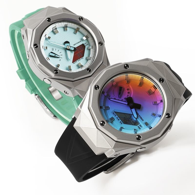 For G-Shock GA-2100 GA2110 CasiOak Mod Kit Steel Diamond Bezel Case Rubber Strap
