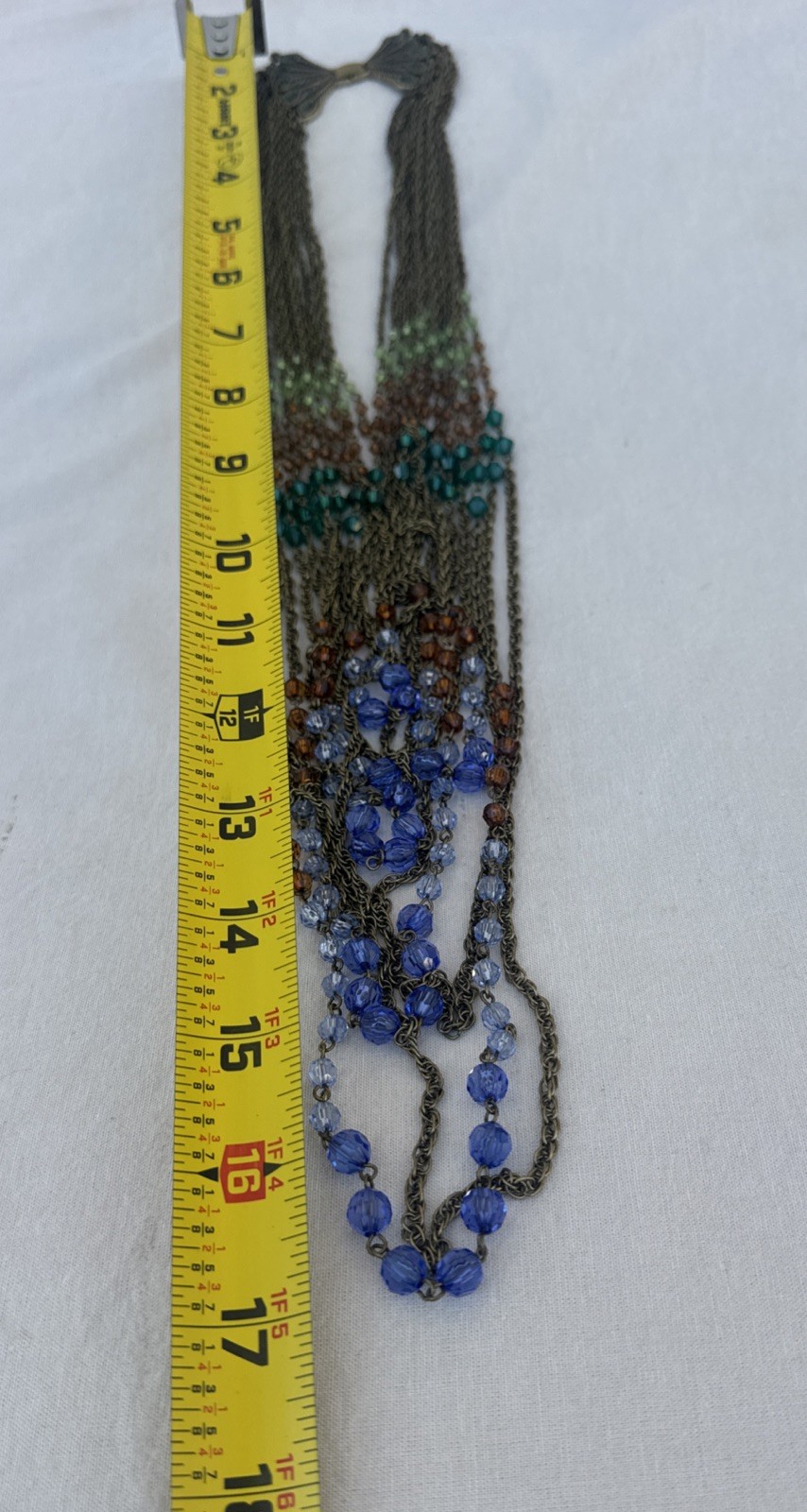 Vintage Layered Beaded Necklace Boho Blue Green Glass Multi Strand Bronze Tone