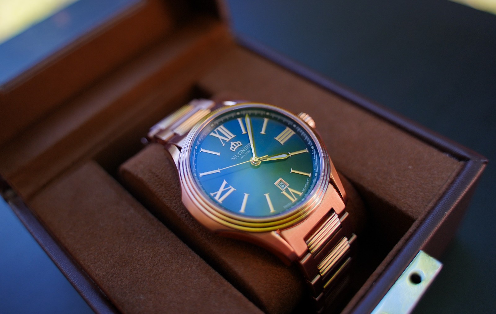 Mugnier Swiss Movement Luxury Dress Watch – Rose Gold & Royal Blue Dial