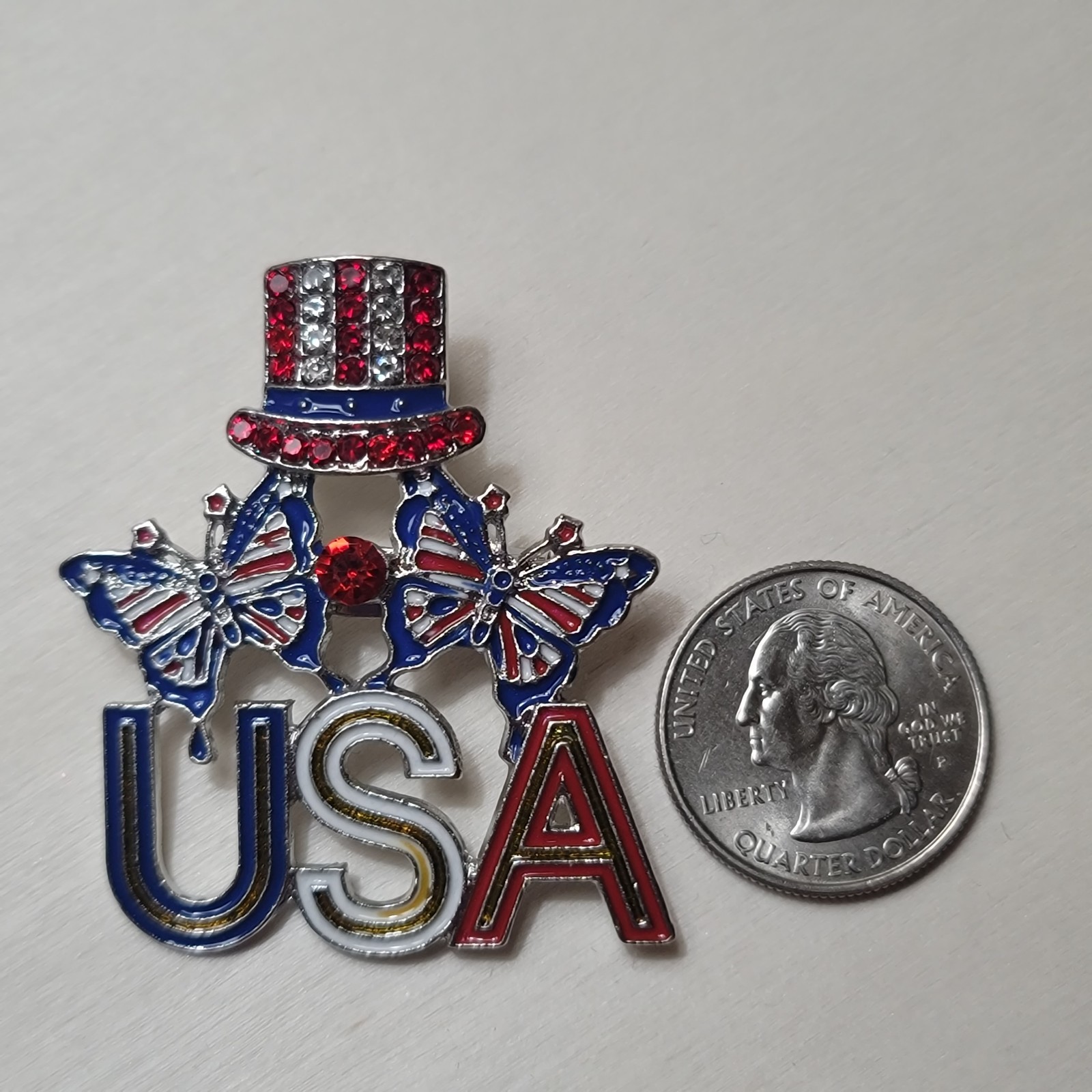 Set of 2 Brooch/pins, USA, Patriotic, Butterfly, Red White Blue, Silvertone