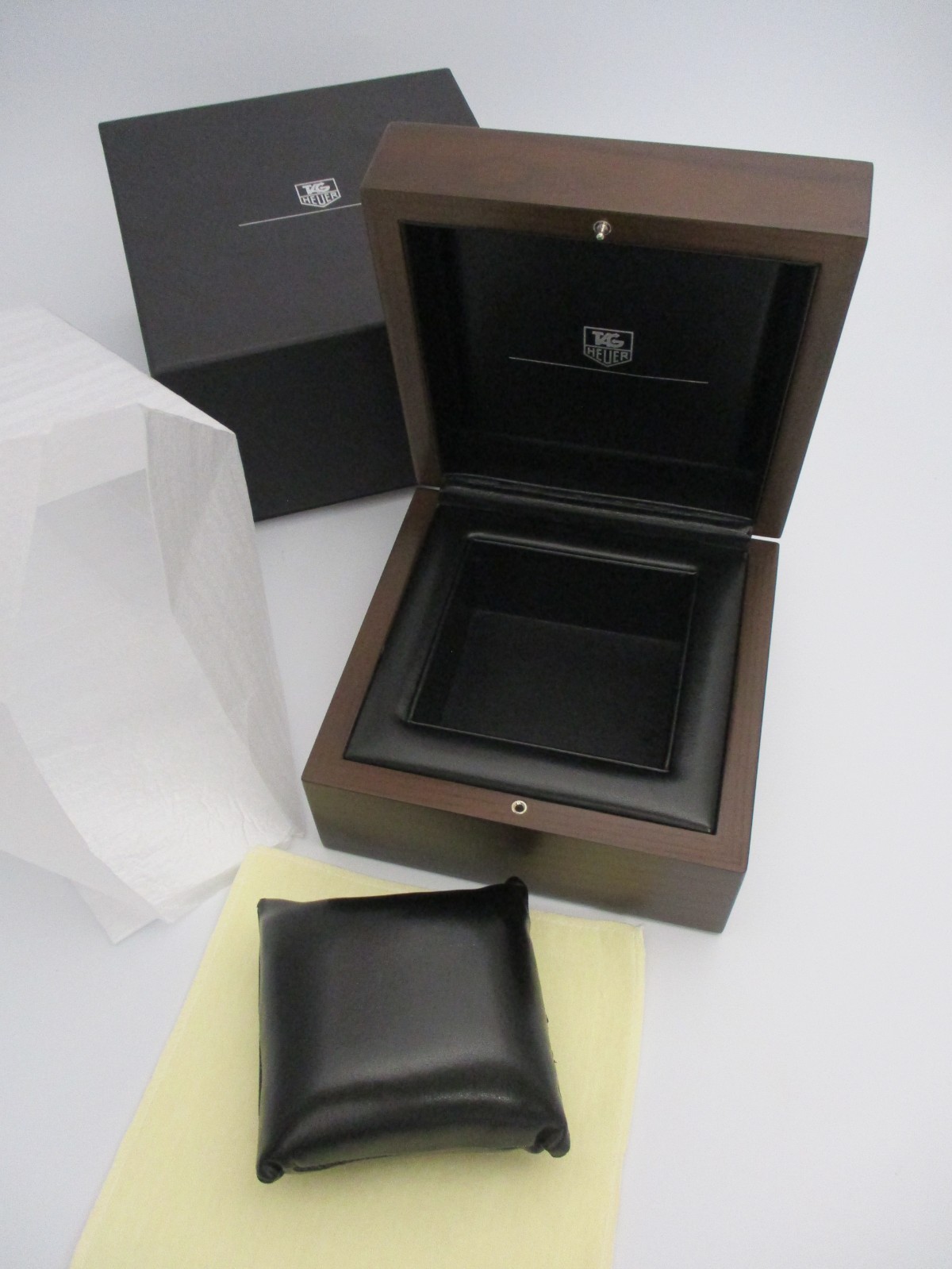 TAG Heuer Deluxe Brown Wood-Grain Watch Box Chest Set Black Inner +Cloth+Booklet