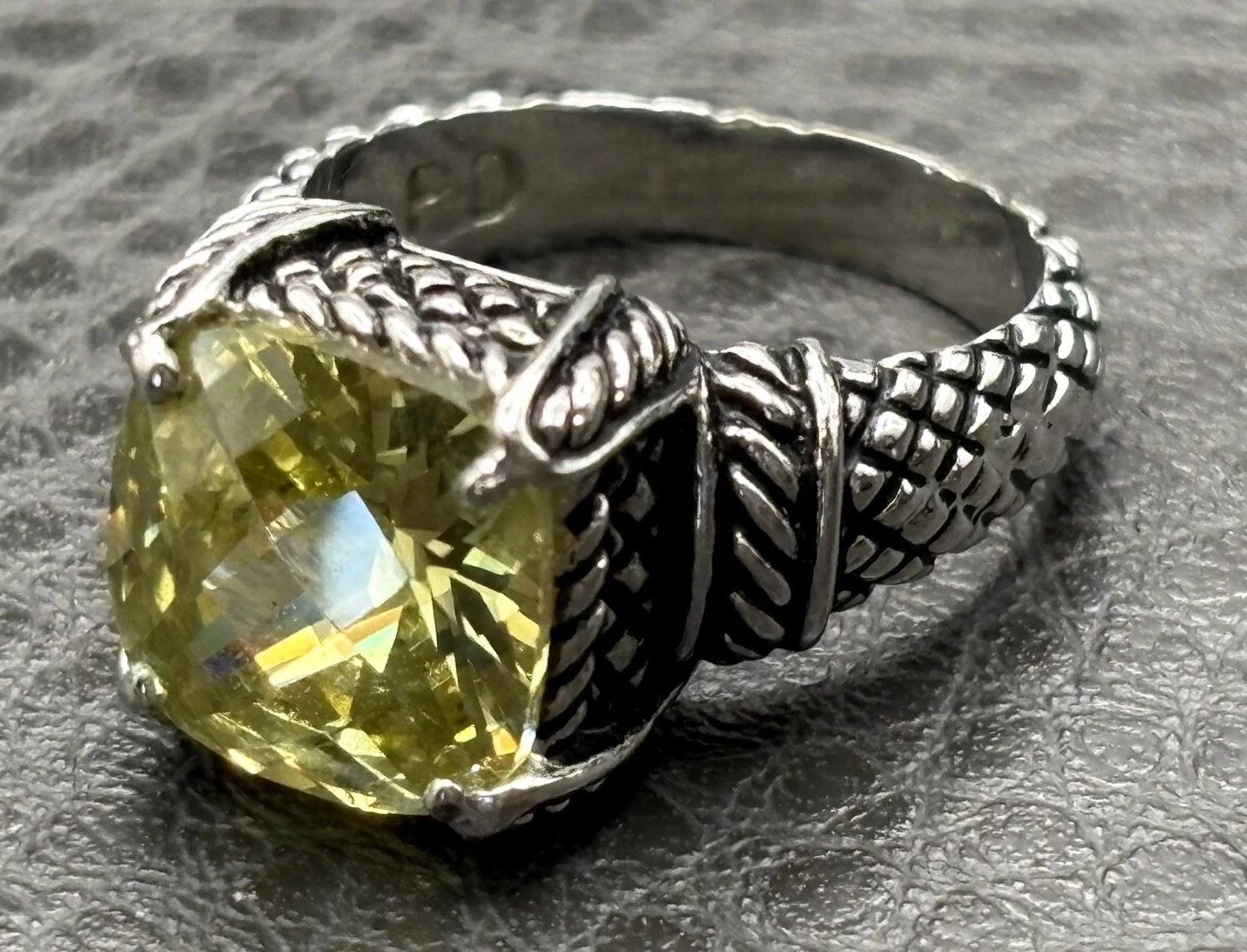 Designer Silver Tone Yellow CZ Faux Citrine Cushion Cut Ring Cable Woven Band 7