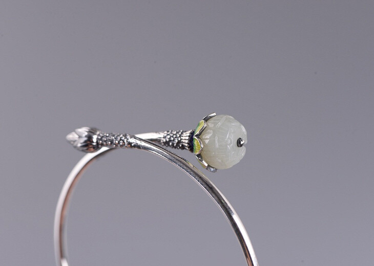 I05 Bangle Silver 925 Lotus Flower Bud White Jade Cloisonne Multicolor