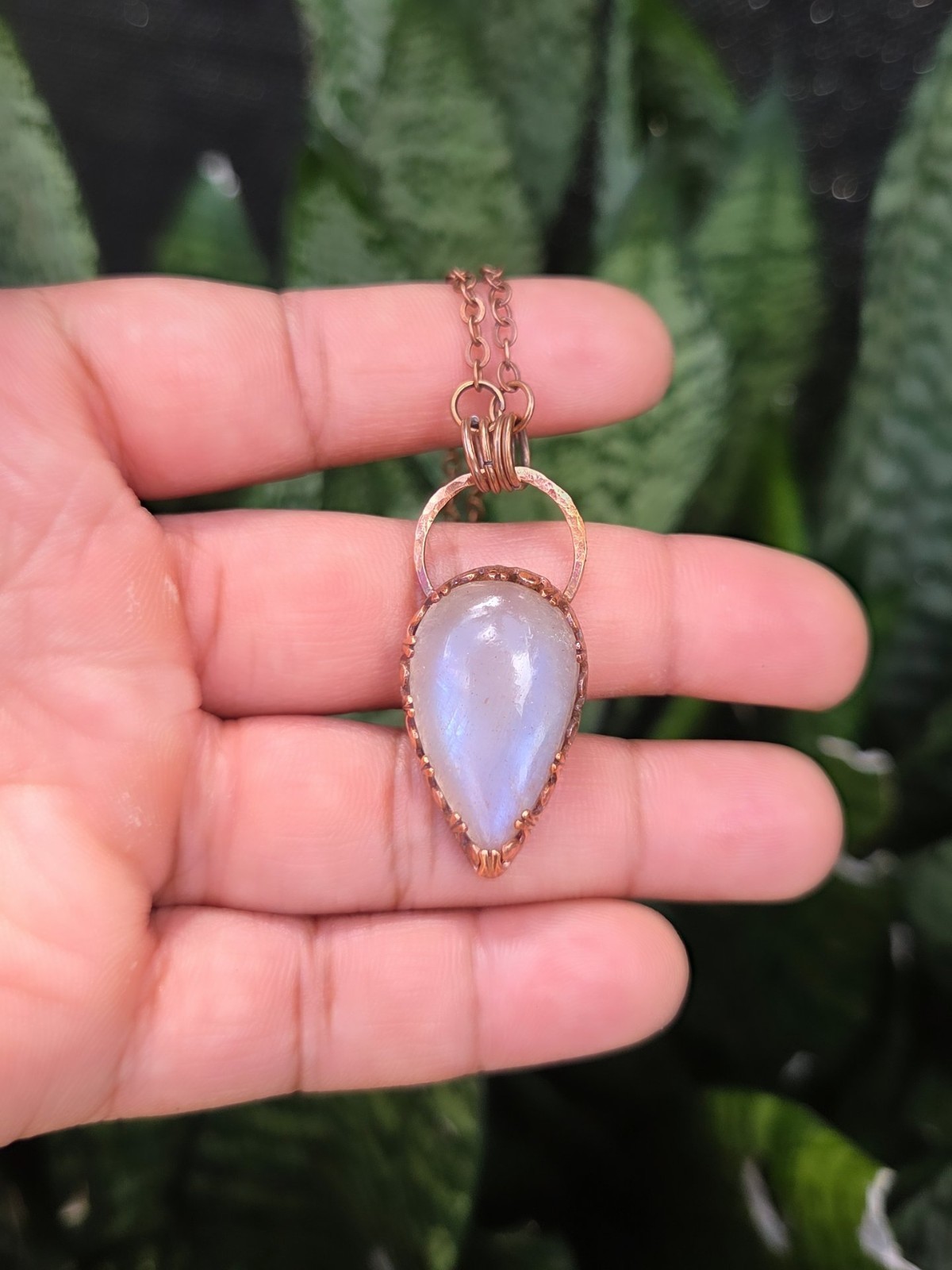 Copper Wire Wrapped Teardrop Moonstone Stone Pendant Chain Necklace