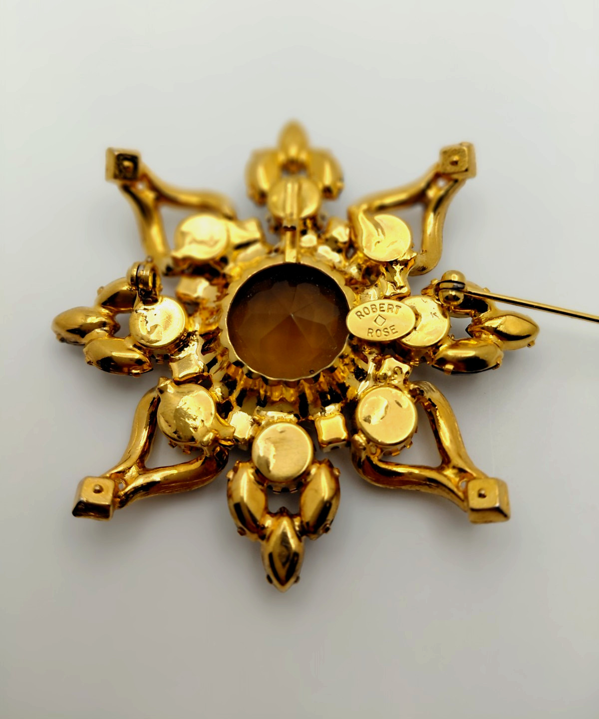 Robert Rose Flower Brooch Multicolor Rhonestones Gold Tone Setting