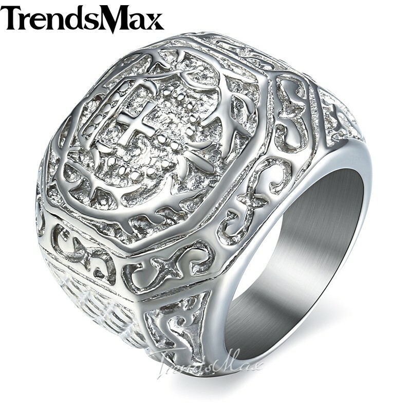 Mens Boys 8-13 Cross Crown Silver 316L Stainless Steel Ring Knight Signet Gift