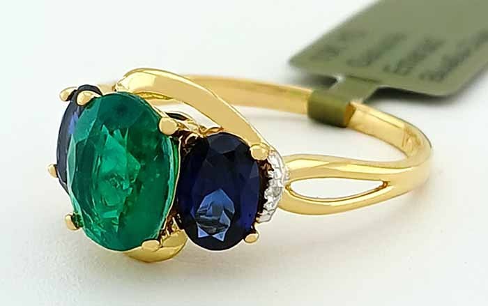 GENUINE 2.11 Cts EMERALD, BLUE SAPPHIRE & DIAMOND RING 10k YELLOW GOLD – NWT