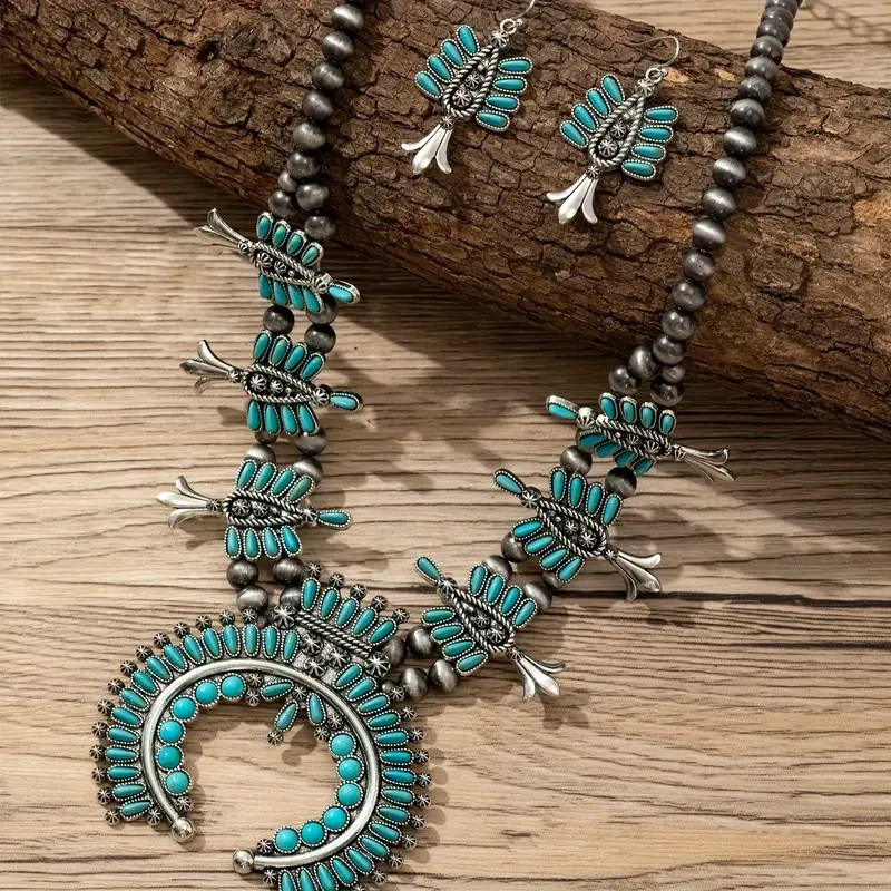 Boho 925 Sterling Silver Gypsy Ethnic Tibetan Turquoise Earrings Necklace Set
