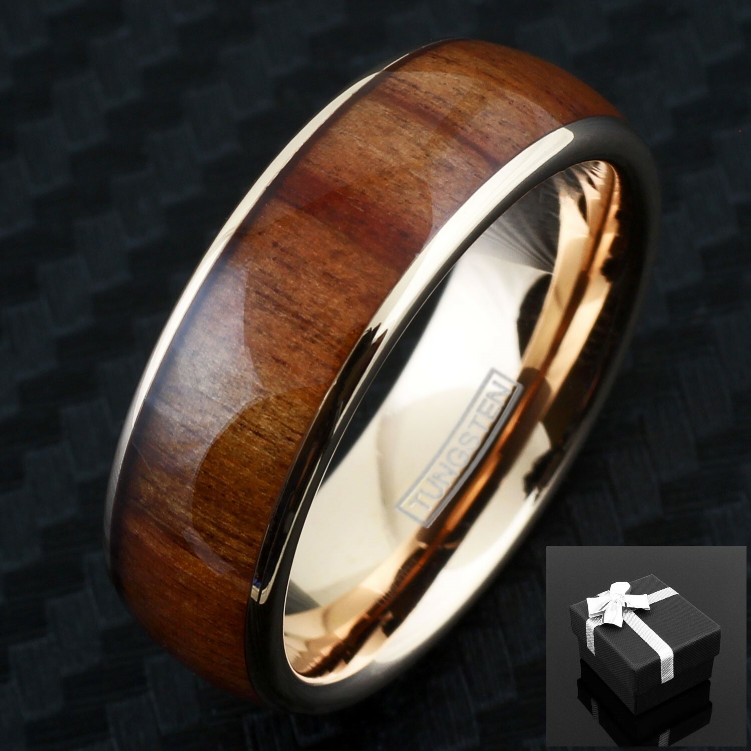 8mm Rose Gold Plated Tungsten Brown Wood Grain Stripe Men’s Wedding Band Ring