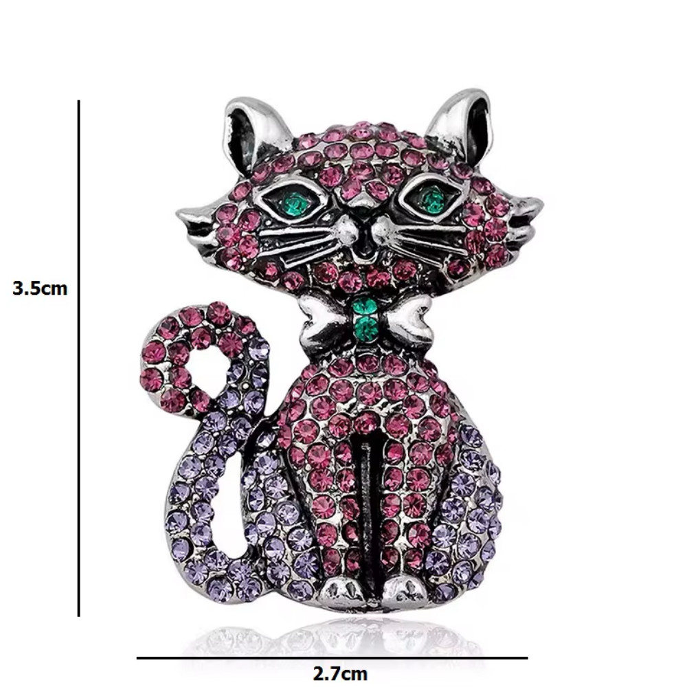 Sparkling Rhinestone Cat Brooch Animal Silver Pin Spring Summer Jewelry Gift