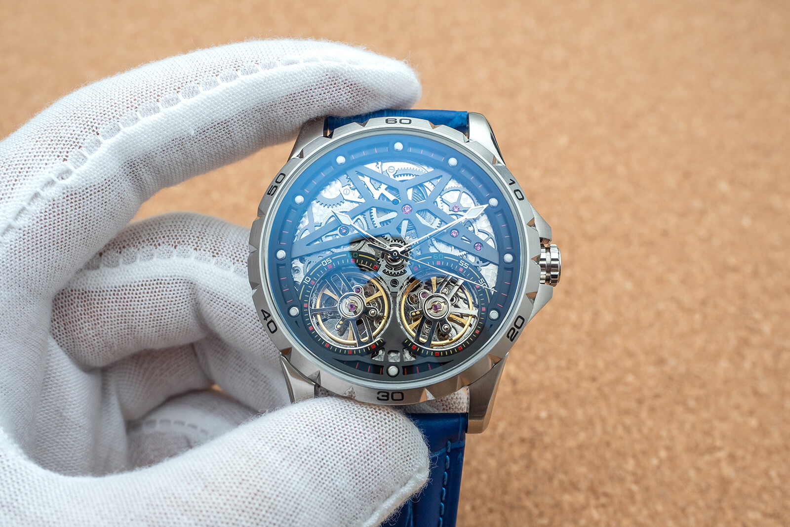Mens Silver Double Flywheel Skeleton Automatic Mechanical Watch Blue Leather
