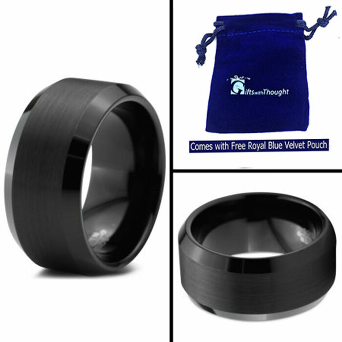 10mm Wide Black Tungsten Carbide Beveled Matted Brushed Center Wedding Band Ring
