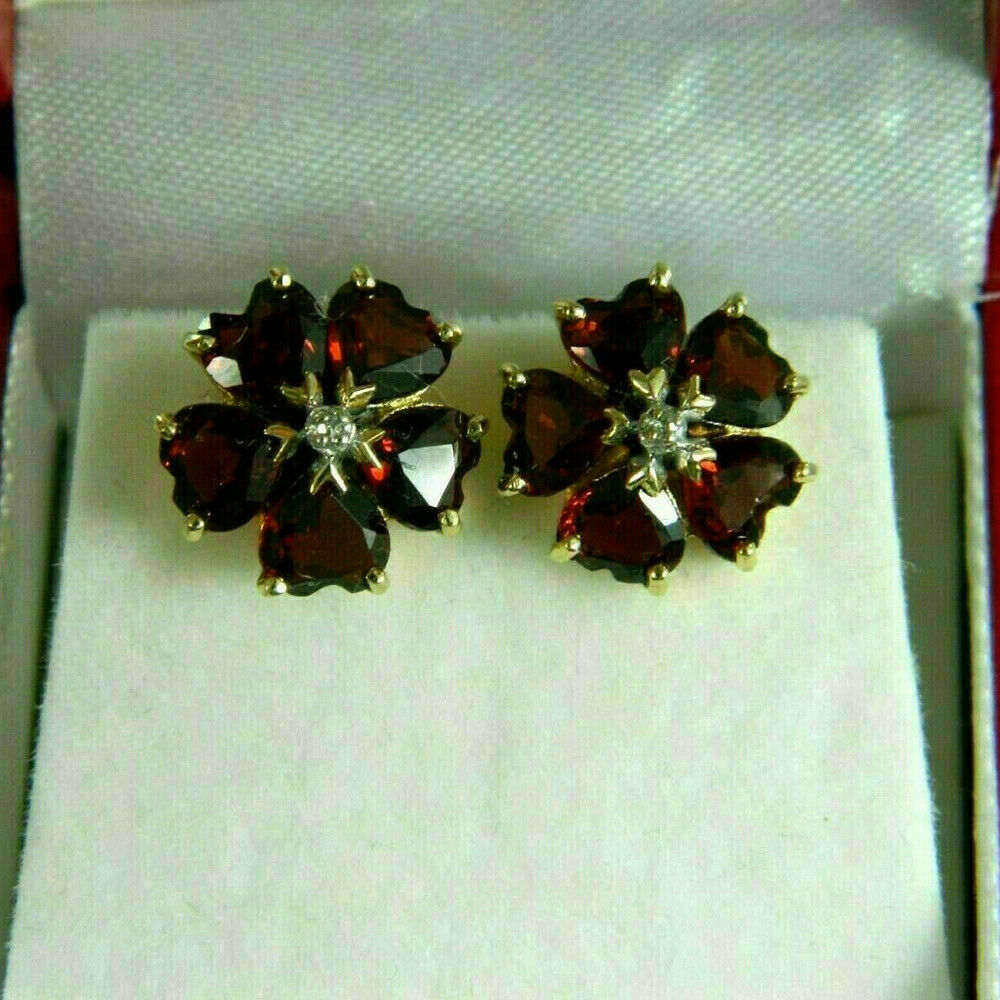 14K Yellow Gold Over 2.20 Ct Heart Cut Lab-Created Red Ruby Flower Stud Earrings