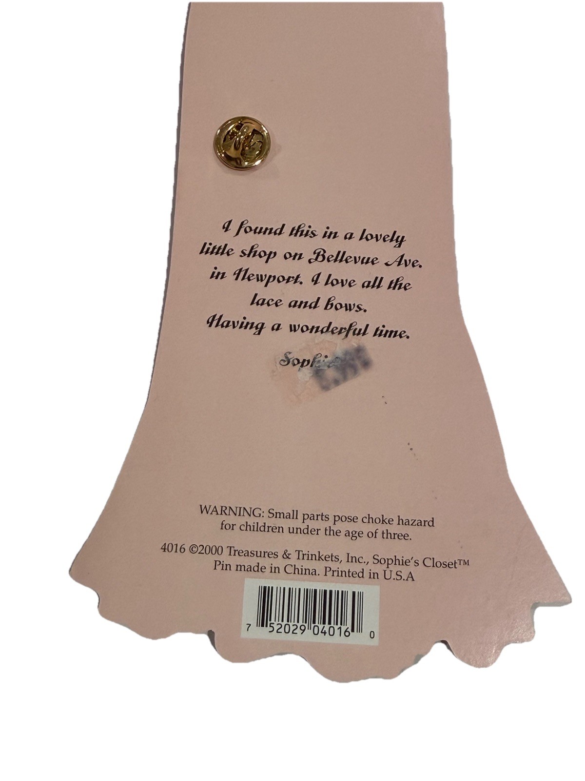 Sophie’s Closet Greeting Card Pink Gown With Gemmed Bow Pin Vintage