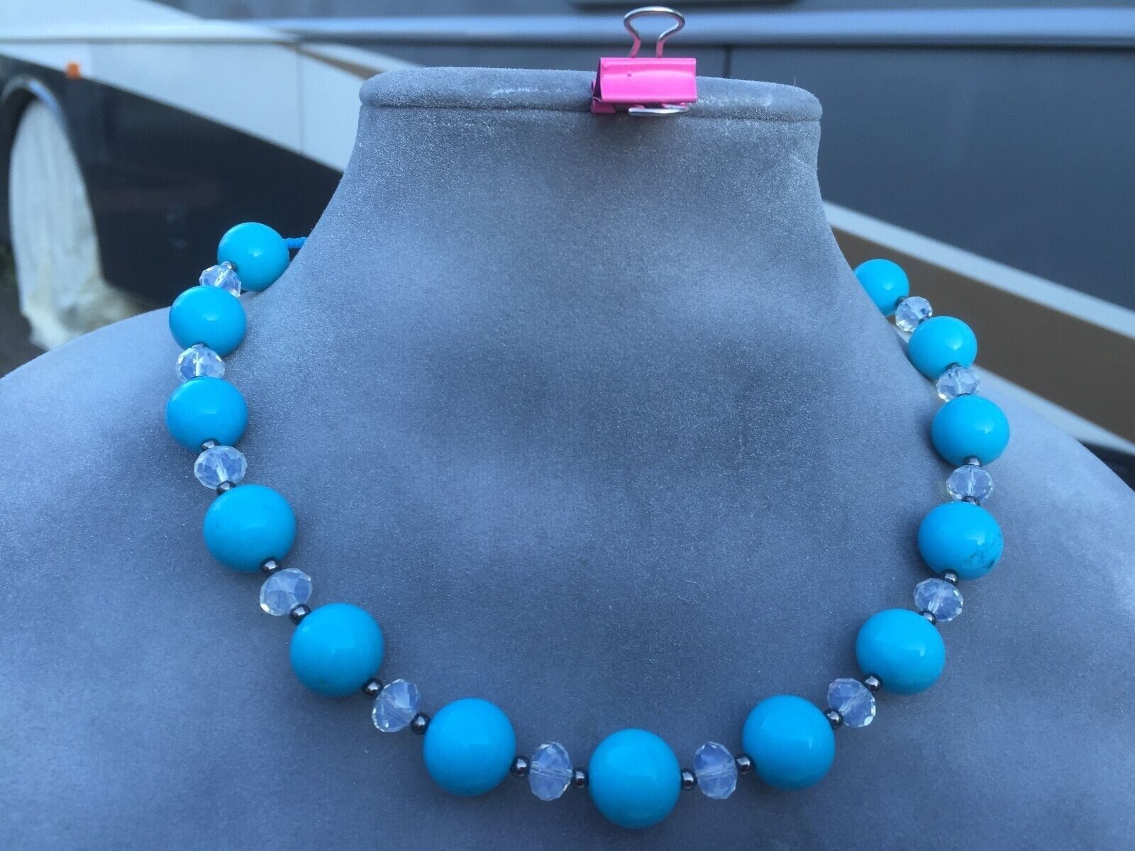 Handmade Necklace Black Metal Clear Crystal and Round Turquoise Stone Beads