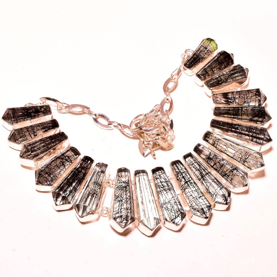 Black Rutile Pencil Shape Gemstone Necklace Handmade Engagement Gift Jewelry 18″